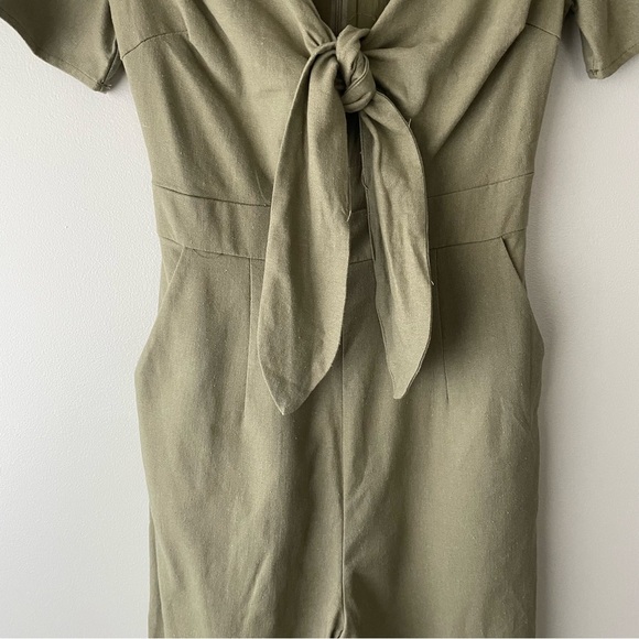Showpo Australia Linen Blend Front Knot Tie Jumpsuit Wide Leg Khaki Green Small - Picture 4 of 10